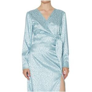 NEW SOMETHING NEW Blue Topaz Mia Leopard Print Satin Wrap Top And Skirt Set Sz S